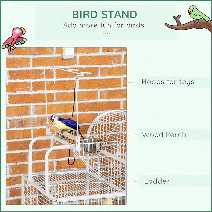 PawHut 55" Large Parrot Cage with Toy Hooks Above Top Bird Perch, Tray, Food Cups, Rolling Stand, Bird Cage for Cockatiels, Parakeets, Lovebirds
