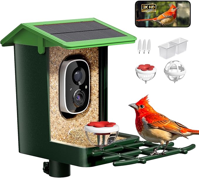 Bird Feeder with Camera Solar Powered 2K HD Video, 10,000+ Species AI Recognition, Real-Time App Alerts, and Weatherproof Design for Effortless Birdwatching, Gift for Bird Lovers, Grass Green