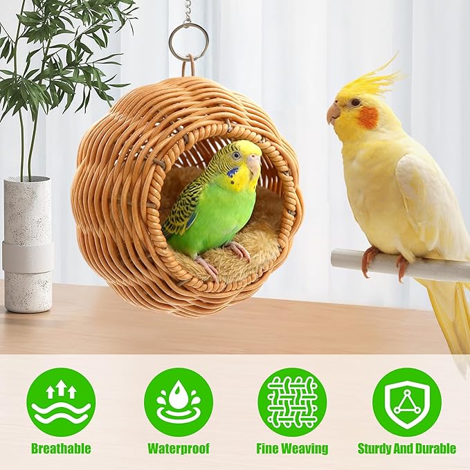 Bird Nest for Cage Hanging Small Bird Bed with Mat Washable Bird Hammock Hamster Toys Parakeet Nest Warm Bed House Cage Accessories for Parrot Finch Budgie Canary (Brown)