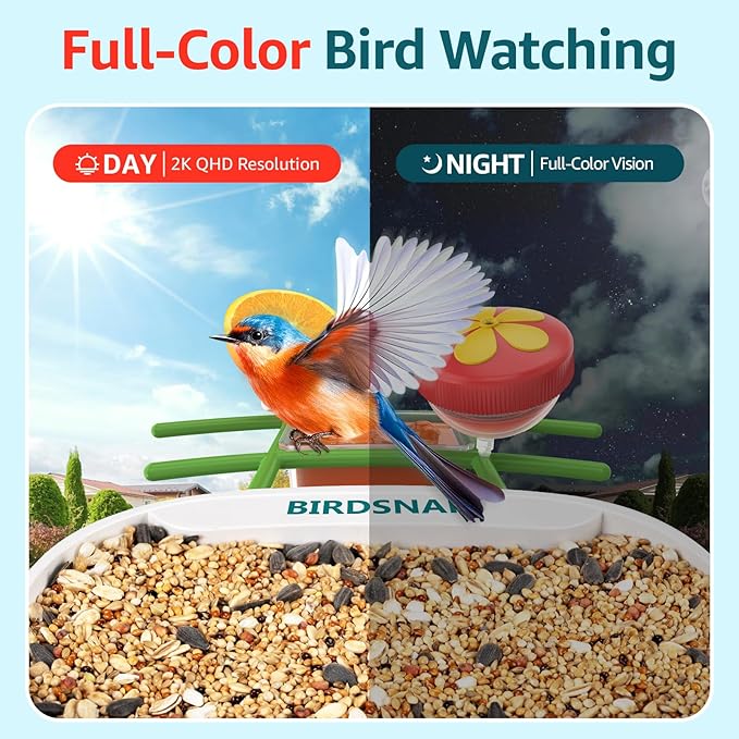 birdsnap® TUC Bird Feeder with Camera 2K HD Live with 32GB Card Auto Detect & Notify AI Identify Camera Birds Feeders Solar Powered Wireless Outdoors Backyard Gift for Mom Dad Birds Lover, 2.4G WiFi