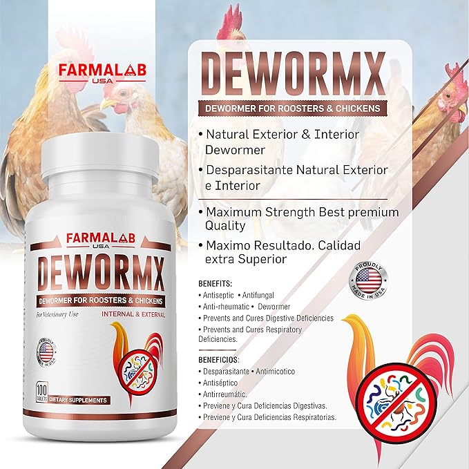 Farmalab Natural Dewormer Internal & External 100 Tabs Poultry NO Egg Withdrawal Needed - Vitamin for Poultry Rooster Hen Chicken Baby Chick