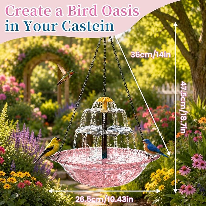 Solar Cascade Hanging Bird Bath Fountain, Large Plastic Bowl with Hanging Chain for Outside Garden Patio and Yard Decor (Pink)