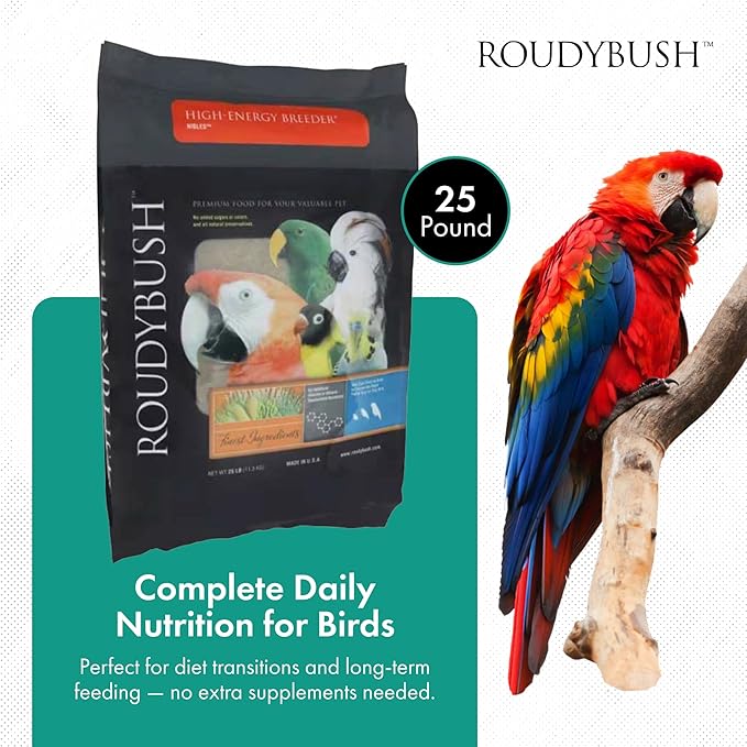 Roudybush High Energy Breeder Food for Breeding & Weaning Birds - Scientifically Formulated Bird Feed - Bird Food Pellets w/ Corn, Wheat, Soy - Nutritious & Healthy Feed for Birds (Nibles, 25lb)