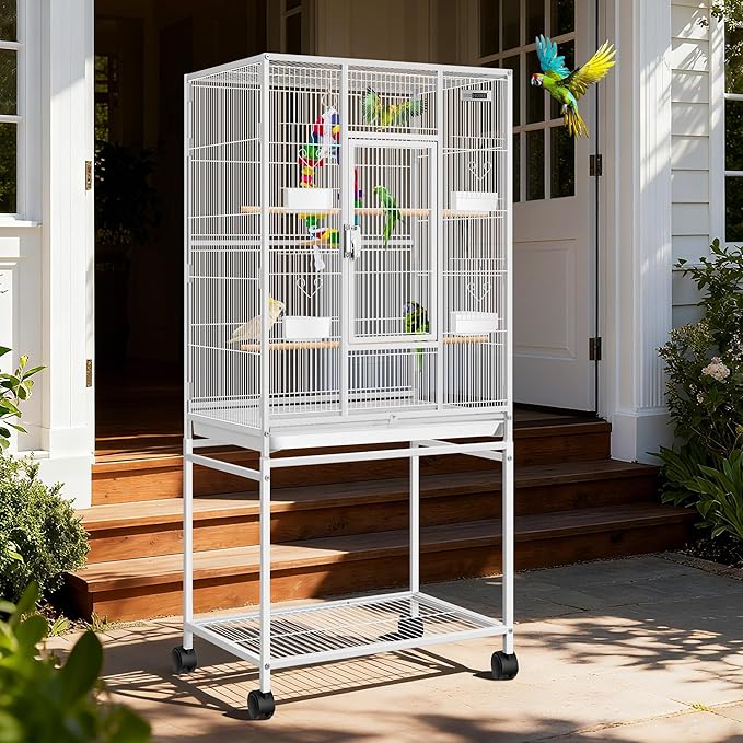 VIVOHOME 54 Inch Wrought Iron Large Bird Flight Cage with Rolling Stand for Parakeets Canaries Cockatiels Lovebirds Conures, White
