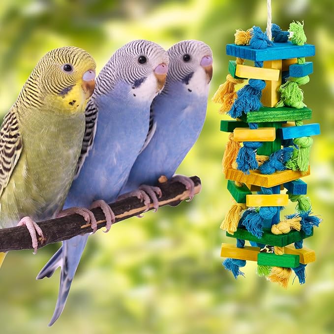 Seenelling 3 Pcs Extra Large Bird Parrot Toy Multicolored Natural Wooden Parrot Cage Chewing Toys for Large Medium Macaws Cockatoos African Grey Birds (Blue Block)