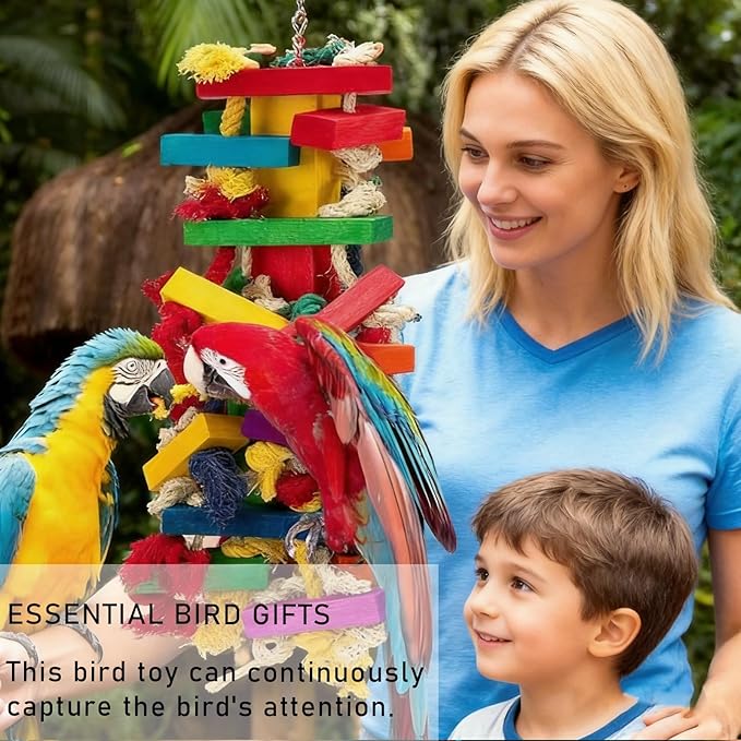 Parrot Toys for Large Birds, Natural Wood Multicolor Durable Chew Toys for Macaws, African Grey & Amazon Parrots, Ideal Pet Gift