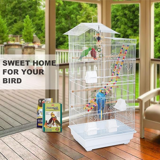 HCY 39 Inches Bird Cage Roof Top Large Flight Parrot Bird Cage with Toys for Small Medium Birds, Cockatiel,Parakeets,Parrot,Lovebirds, Finch,Canary Pet Bird Cage(White)