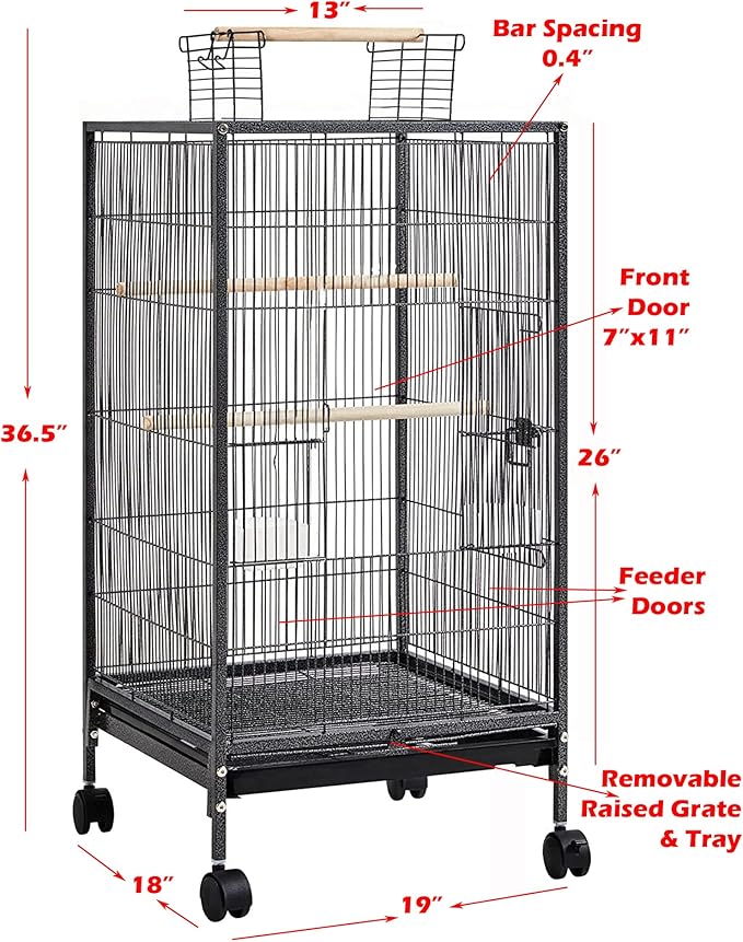 36-Inch Deluxe Sturdy Wrought Iron Bird Flight Open Play Top Cage with Rolling Stand for Parrots Conure Lovebird Cockatiel