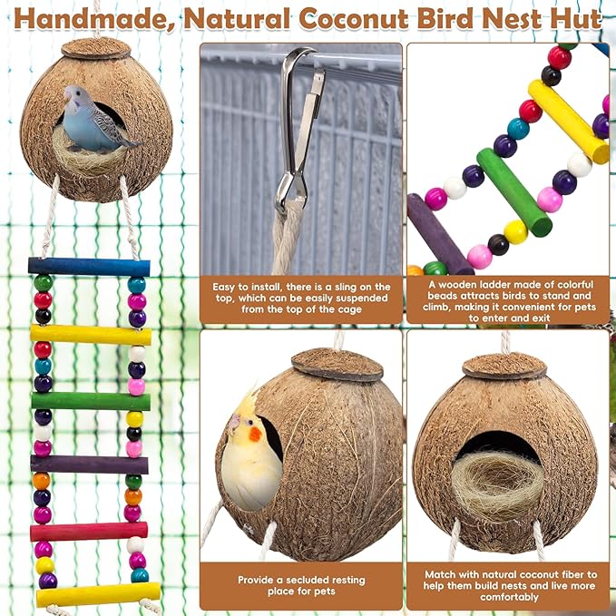 PINVNBY Hanging Coconut Bird Nest Hut with Ladder, Natural Coconut Hide Lovebird House and Colored Bead String Bird Swing for Parakeet Cockatiel Budgie Conure Canary Finch Budgies (With Coconut Fiber)