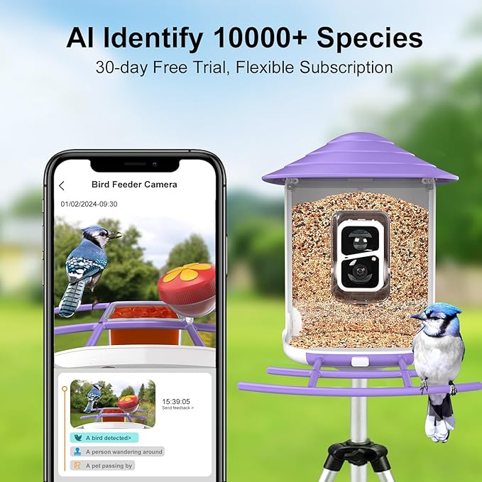 birdsnap® TUC Bird Feeder with Camera 2K HD Live with 32GB Card Auto Detect & Notify AI Identify Camera Birds Feeders Solar Powered Wireless Outdoors Backyard Gift for Mom Dad Birds Lover, 2.4G WiFi
