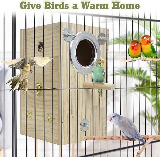 kathson Bird Nesting Box Wooden Parakeet Nesting Box Parrots Breeding Mating House Wood Bird Aviary Budgie Cage Accessories for Cockatiel Finch Lovebirds Conure