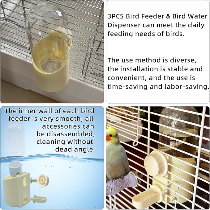 Bird Water Dispenser Automatic Bird Feeder for Cage Set, No Mess Parakeet Water Dispenser for Parrots, Cockatiels, Finches, Budgies (3PCS, Yellow)