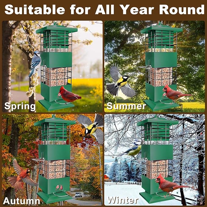 Squirrel Proof Bird Feeder, 3Lb Capacity Metal Bird Feeders for Outdoors Hanging, All-Weather Weight Activated Tube Birdfeeder with 4 Ports for Outside, Cardinal Finch Bluebird (Green)