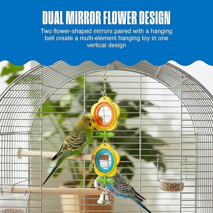 Penn-Plax Bird Life Two Flower Mirror with Bell - Interactive Bird Toy with Spinning Floral Mirrors & Hanging Bell - Colorful Cage Accessory for Parakeets & Finches, Easy to Install - 3.75×1×9.2 in
