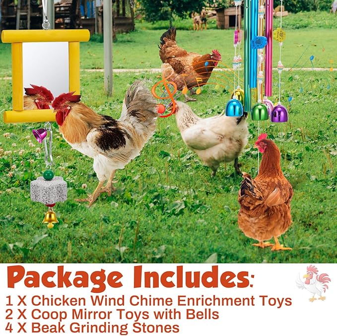 VioraWhite 7 Pcs Chicken Toys, Hanging Chicken Wind Chime, 2 Pcs Coop Mirror Toys with Bells 4 Pack Beak Grinding Stones, Musical Coop Accessories for Hen Rooster Chick Poultry Birds(Yellow, Purple)