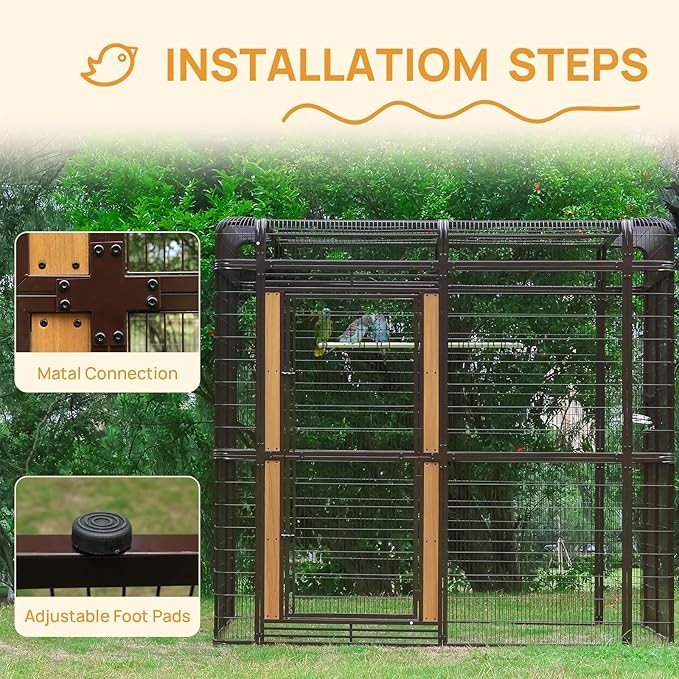 87-inch Outdoor Large Walk-in Cage Heavy Duty Bird Cage Carbon Crystal Board Aviary Parrot Cage Wide Flight Metal Birdcage for Macaw Budgie Conure Lovebird Parakeet Cockatiel, 7.22x5.25x6.8ft, Brown