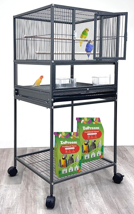 Elegant Sturdy Wrought Iron Bird Parrot Flight Cage Front Door Side Nesting Doors Acrylic Clear Bottom Prevent Food Spillage Storage Shelf Removable Rolling Stand Lockable Wheels