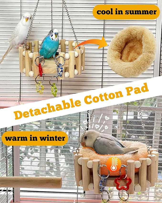 Wooden Bird Nest Bed, Pure Kiln-Dried Wood with Detachable Cotton Pad for All Seasons Comfort, Parakeet Bed with Play Toys, Open Breathable Sleeping Hammock for Small Birds Lovebirds, Finch, Canary