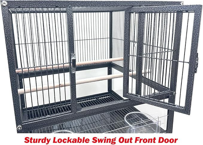 Elegant Sturdy Wrought Iron Bird Parrot Flight Cage Front Door Side Nesting Doors Acrylic Clear Bottom Prevent Food Spillage Storage Shelf Removable Rolling Stand Lockable Wheels