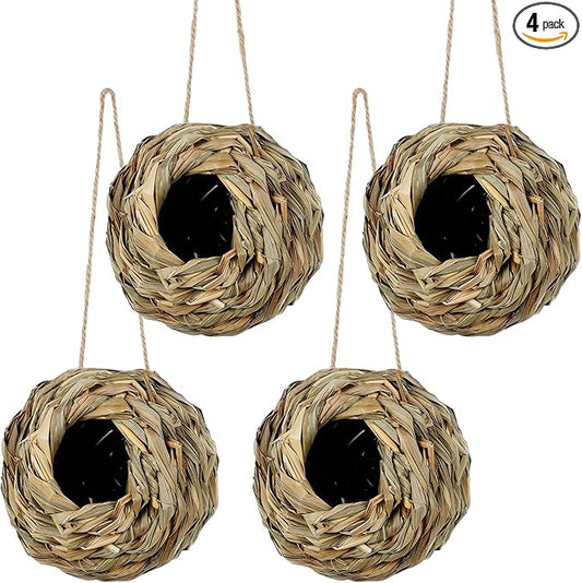 winemana 4 Pack Hanging Bird Nest House for Outside, Ball Shape, Hand Woven, Durable Sturdy, Made of Natural Grass, Perfect for Garden Patio Lawn Office Indoor