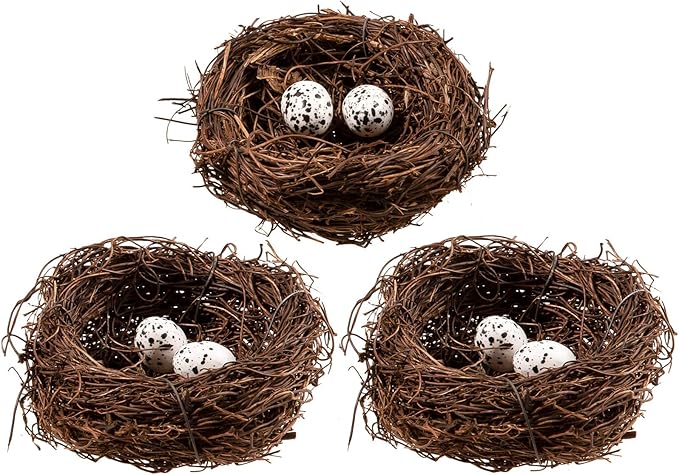 Whaline 3 Set Easter Bird Nest Decoration Kit with 6 Artificial Egg Foam Eggs Ornaments Rattan Woven Birds Nest for Crafts Home Spring Party Decor