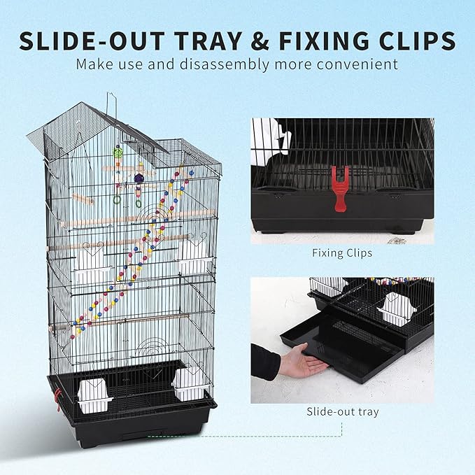 HCY 39 Inches Bird Cage Roof Top Large Flight Parrot Bird Cage with Toys for Medium Small Birds,Lovebirds,Finch,Cockatiel Parakeets,Parrot, Iron Bird Cage