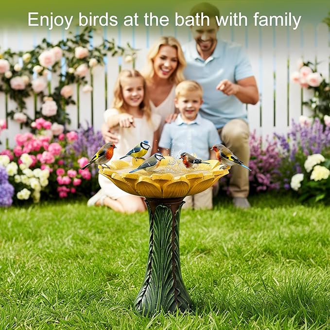 SKYFIRE 24.4”H Sunflower Bird Bath Fiber Reinforced Concrete Pedestal Birdbath for Outdoors, Heavy Duty Garden Bird Bath for Yard, Patio, Lawn, Backyard Decor