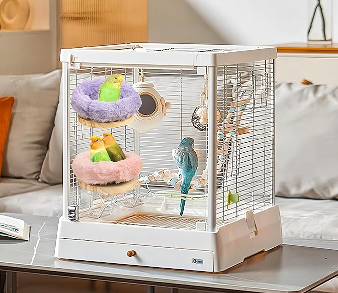 2Pcs Bird Perch Stand Platform Plush Parrot Hanging Hammock Warm Bird Nest Snuggle Hut Birds Sleeping Bed Wood Perch for Parrot, Budgies, Parakeet, Cockatiels, Conure, Lovebirds-Purple&Pink