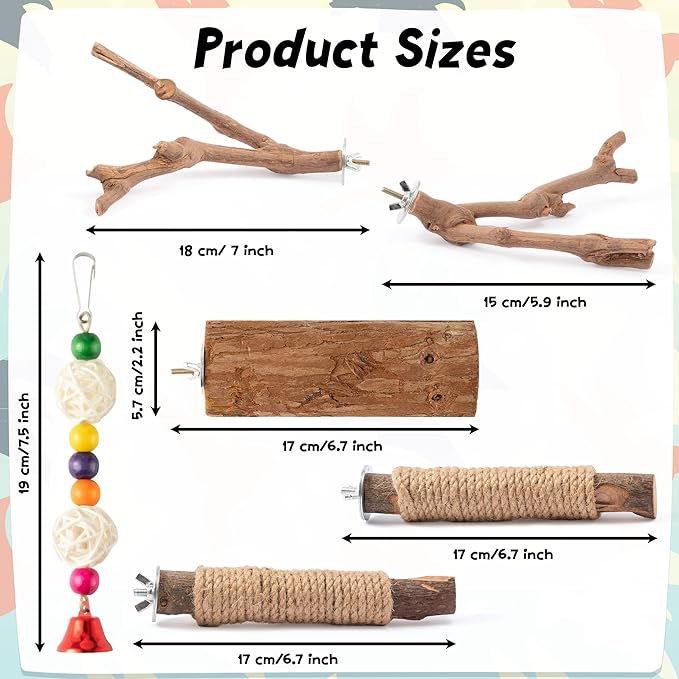 Natural Wood Bird Perches - 6PCS Wooden Parrot Stand Platform, Parakeet Climbing Standing Branches Toys, Paw Grinding Stick Fork Chewable Cage Accessories for Cockatiels Conure Lovebird Budgies