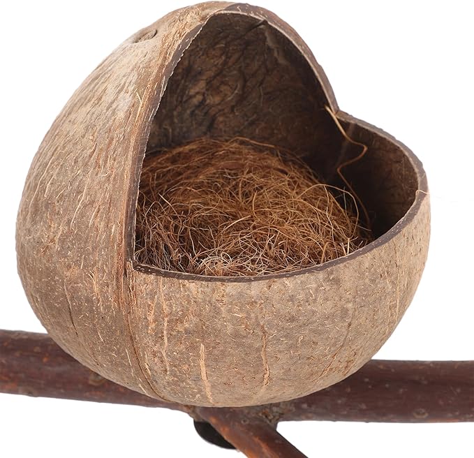 Ipetboom Coconut Bird Nest: Natural Coconut Shell Bird Nest - House Hut Cage with Perch Bell House - Hut Cage for Pet Parrot Parakeet