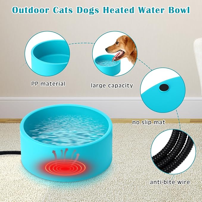 Reallnaive 3 Piece Heated Cat's Bowl for Outdoors for Winter Heated Bird Bath with Insulation Tape and Extension Cord Safety Cover