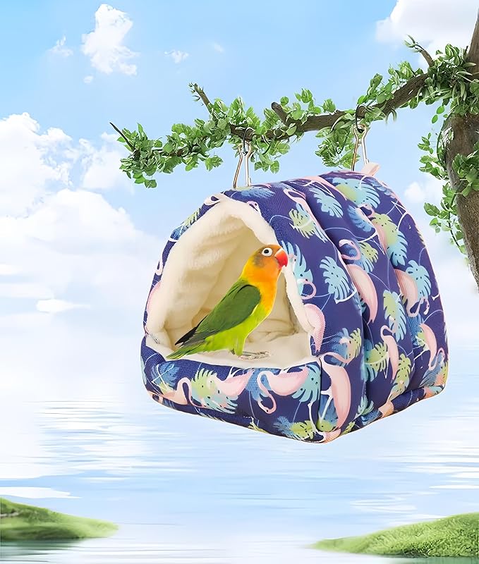 Bird Nest Plush Snuggle Hanging Hammock Bird Cave Parrot Sleeping Bed Shed Hut Hanging Tent for Hamster Parrot Macaw Budgies Parakeet Cockatiels Lovebird-Flamingo (Dark Blue)