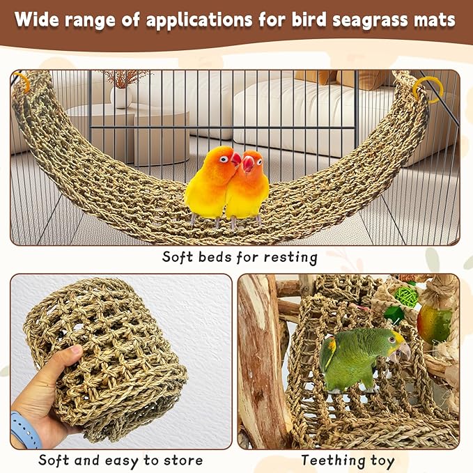 kathson 2 Pcs 29.5 x 7 Inches Large Bird Seagrass Mat, Bird Hammock for cage，Bird Seagrass Woven net，Climbing Rope Ladder with Hooks, Chew Toys for Pigeon Cockatiel Conure Budgie Cockatoo Rat Hamster