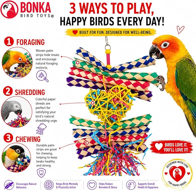 Bonka Bird Toys 1730 Foraging Valentine Heart Bird Toy for Medium Birds Shredding and Chewing Cage Toy Colorful Palm Leaf and Paper Foraging Toy 9" x 6" (Pack of 2)