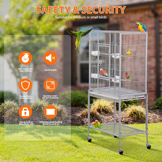 53 Inch Height Wrought Iron Standing Parrot Large Flight Bird Cage with Rolling Stand Birdcages for Parakeet Cockatiel Conure Lovebird Finch, White