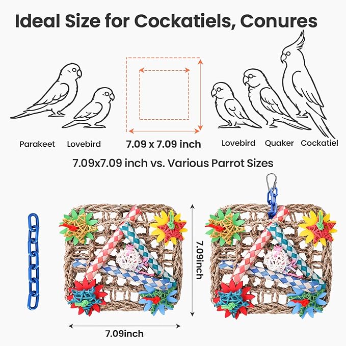 Cockatiel Toys, Extra Large Natural Seagrass Shredding Mat, Rattan & Wood Finger Traps Bird Toy for Parakeets, Budgies, Conures, Lovebirds - Parrot Enrichment Activity Center for Boredom Relief