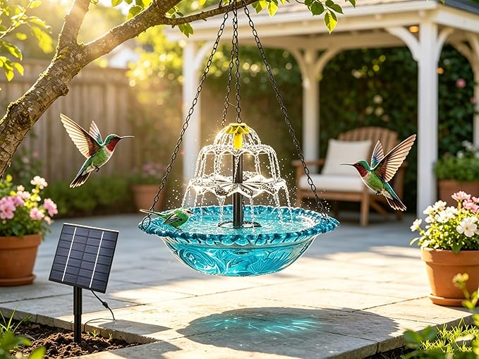 2026 Smart Birdbath Fountains Solar Power, Solar Cascade Hanging Birdbath Fountain,Clear Hummingbird Birdbath with Solar Powered for Outdoor Livng Garden Patio Backyard