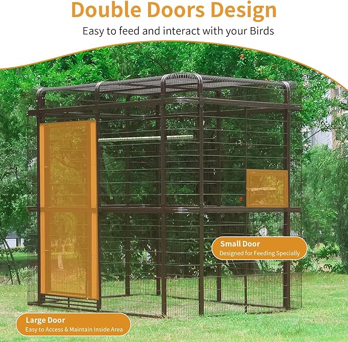 87-inch Outdoor Large Walk-in Cage Heavy Duty Bird Cage Carbon Crystal Board Aviary Parrot Cage Wide Flight Metal Birdcage for Macaw Budgie Conure Lovebird Parakeet Cockatiel, 7.22x5.25x6.8ft, Brown