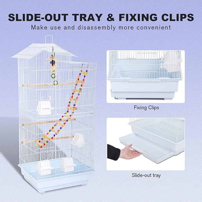 HCY 39 Inches Bird Cage Roof Top Large Flight Parrot Bird Cage with Toys for Small Medium Birds, Cockatiel,Parakeets,Parrot,Lovebirds, Finch,Canary Pet Bird Cage(White)