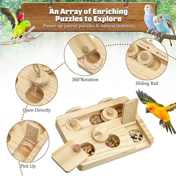 BNOSDM Wooden Bird Foraging Puzzle Toys for Parakeets, Interactive Parrot Enrichment Toys for Training & Chewing, Slow Feeder Cage Accessories for Cockatiels, Conures, Lovebirds and Other Small Birds