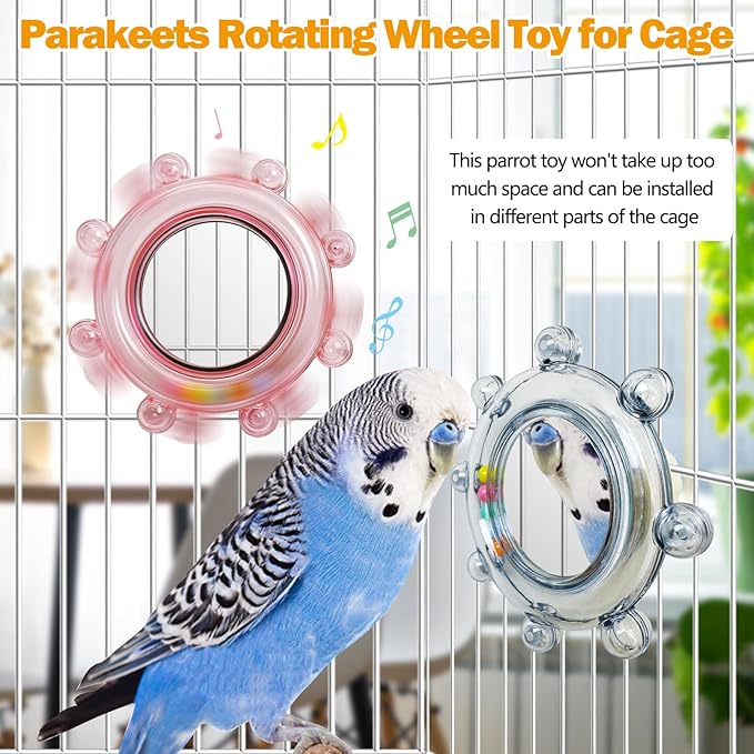 Hamiledyi Bird Rotating Toys with Mirror Interactive Spinner Rattle Parrot Toy Birds Chewing Toy Parakeet Cage Accessories for Entertainment Suitable for Conure Cockatiel Lovebird (Blue and Pink,2PCS)