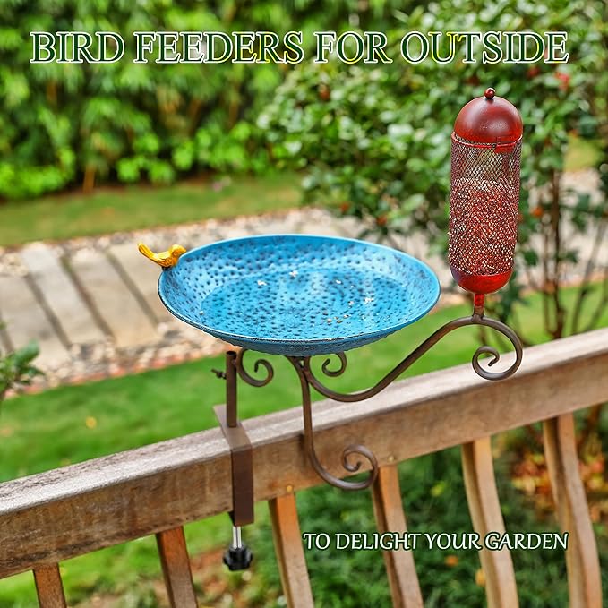 Metal Deck Mounted Bird Bath, 12" Beck Railing, Balcony Bird Bath for Outdoor, Garden, Patio, Antique Blue Green