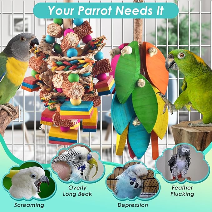 DBNESS 2 Pcs Large Bird Toys, Natural Corn Cob Parrot Chew Toy, Multicolored Leaf-Shaped Chewing Wood Blocks for Large and Medium-Sized Macaws, Cockatoos, Amazon Parrots, African Grey