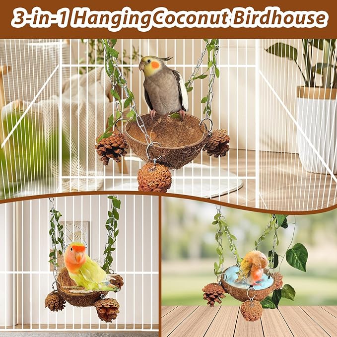 PINVNBY Natural Coconut Shell Bird Nest for Cage Coconut Fiber with Warm Pad Coconut Hide Bird Swing Toys for Bird Conure, Budgie, Cockatiel, Lovebird, Sugar Glider, Canary, Hamster