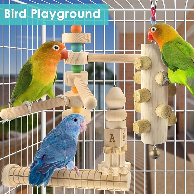 DBNESS 3pcs Natural Wood Bird Perch Toys, Rotating Perch Stand, L-Shaped Perches with Chew Block, Hanging Cork Stopper Toy, Birdcage Accessories for Small Medium Parrots Cockatiels Quaker Caique