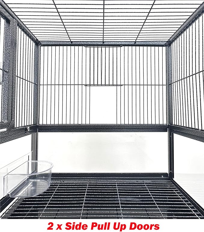 Elegant Sturdy Wrought Iron Bird Parrot Flight Cage Front Door Side Nesting Doors Acrylic Clear Bottom Prevent Food Spillage Storage Shelf Removable Rolling Stand Lockable Wheels