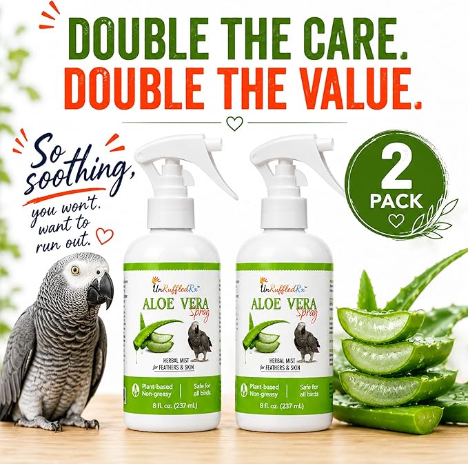 UnRuffledRx Aloe Vera Bird Spray for Parrots 2-Pack | Gentle Daily Support for Itchy Skin, Scratching, Dry Feathers & Feather Comfort | Fragrance Free & Safe if Preened | 8 oz Bottles