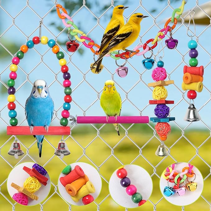 Bird Toys for Conures with Colorful Hammock Bird Cage Accessories Wooden Perch Stand Hanging Bell Birds Chewing Toys for Parrot Parakeet Budgerigar Cockatiel Lovebirds