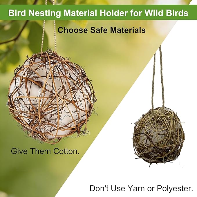 winemana Bird Nesting Material Holder for Hummingbirds, 3 Pack Natural Nesting Balls with Cotton Fibers for Wild Birds Outdoor Hummingbird House Gift for Bird Lovers Refillable