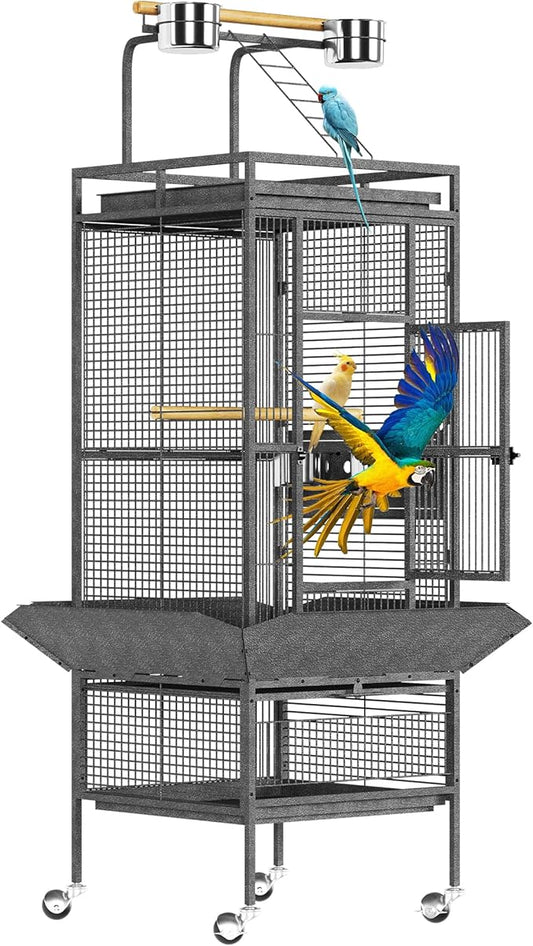 61" Extra Large Bird Cage with Play Top & Rolling Stand – Wide Metal Parrot Cage for Macaws, Cockatoos, Conures, Parakeets, Lovebirds – Includes Bowls
